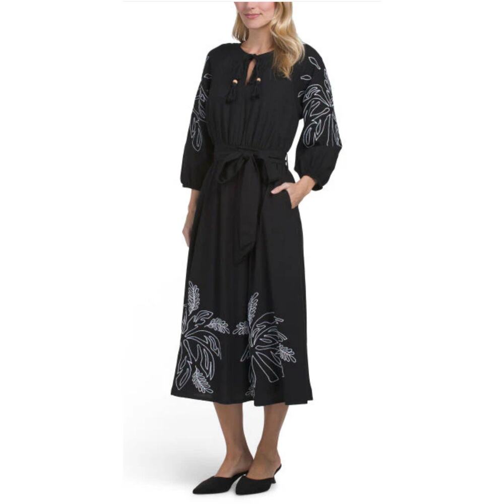 LEA Linen Blend Embroidered 3/4 Length Sleeve Tassel Neck Maxi Dress Size Large